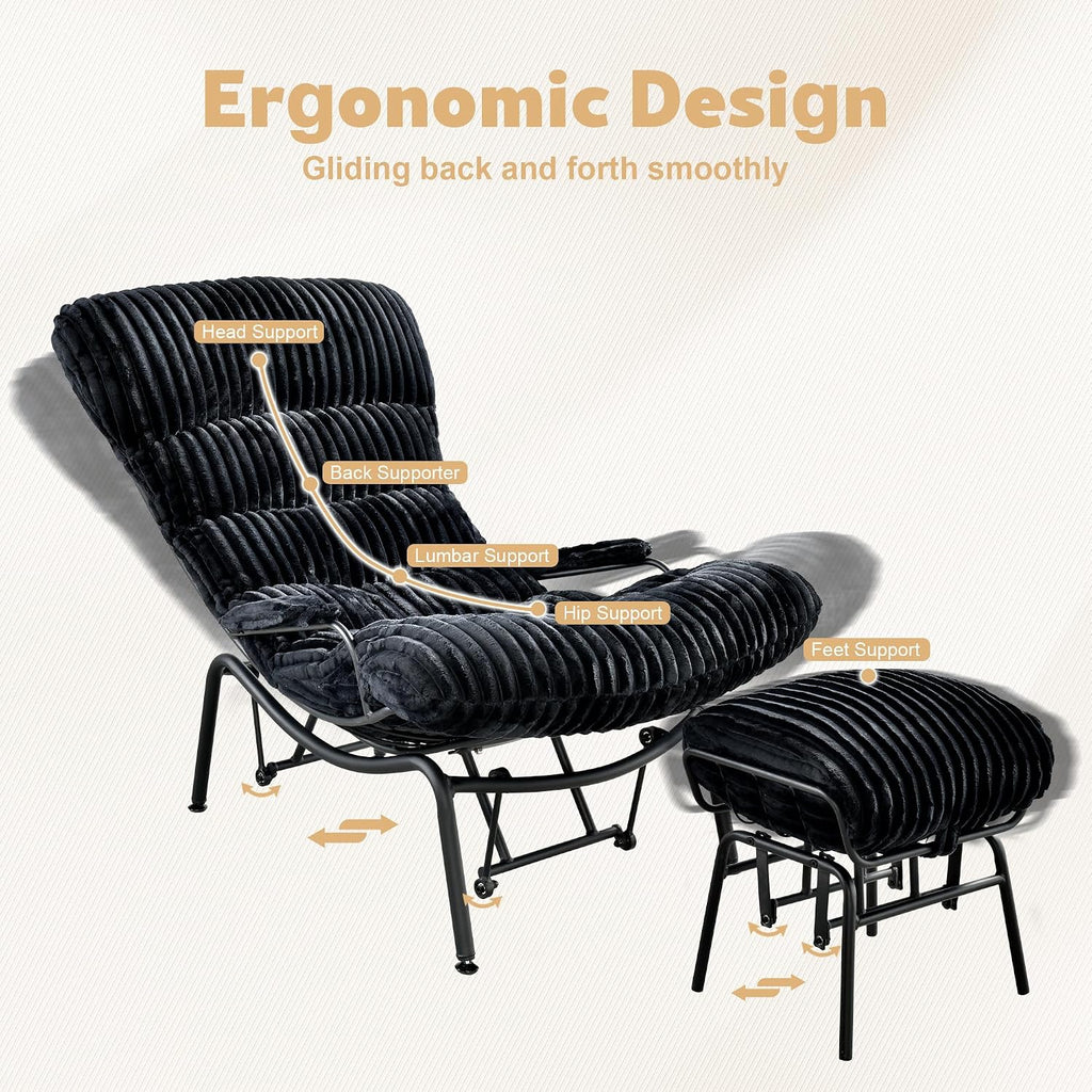 ovios Rocking Chair with Ottoman, Glider Recliner with Footrest, Lazy Accent Armchair with Comfy Cushion for Living Room Bedroom Office, Cloud Plush Corduroy, Black