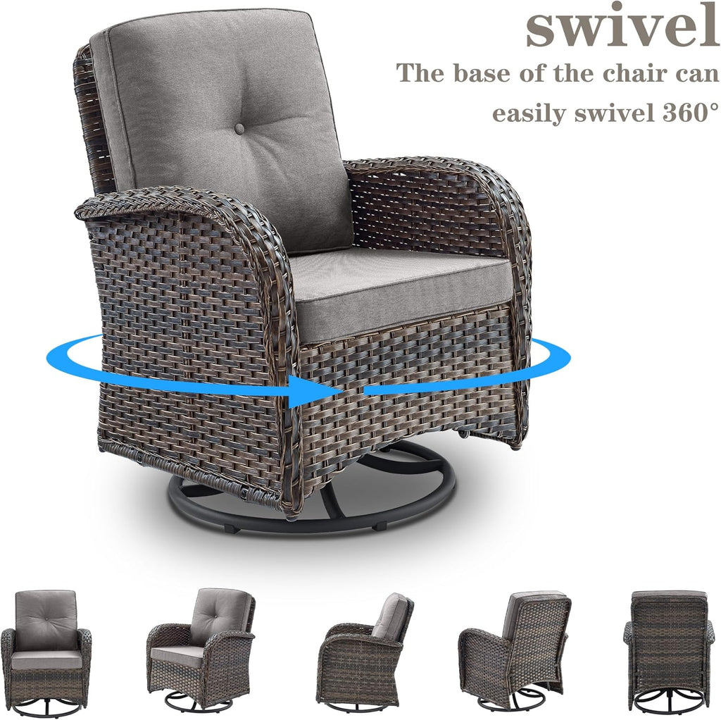 Belord Patio Furniture Swivel Glider PE Wicker Chairs, Outdoor Swivel Rocker Seating with Cushions for Porch Deck Balcony, Brown/Gray