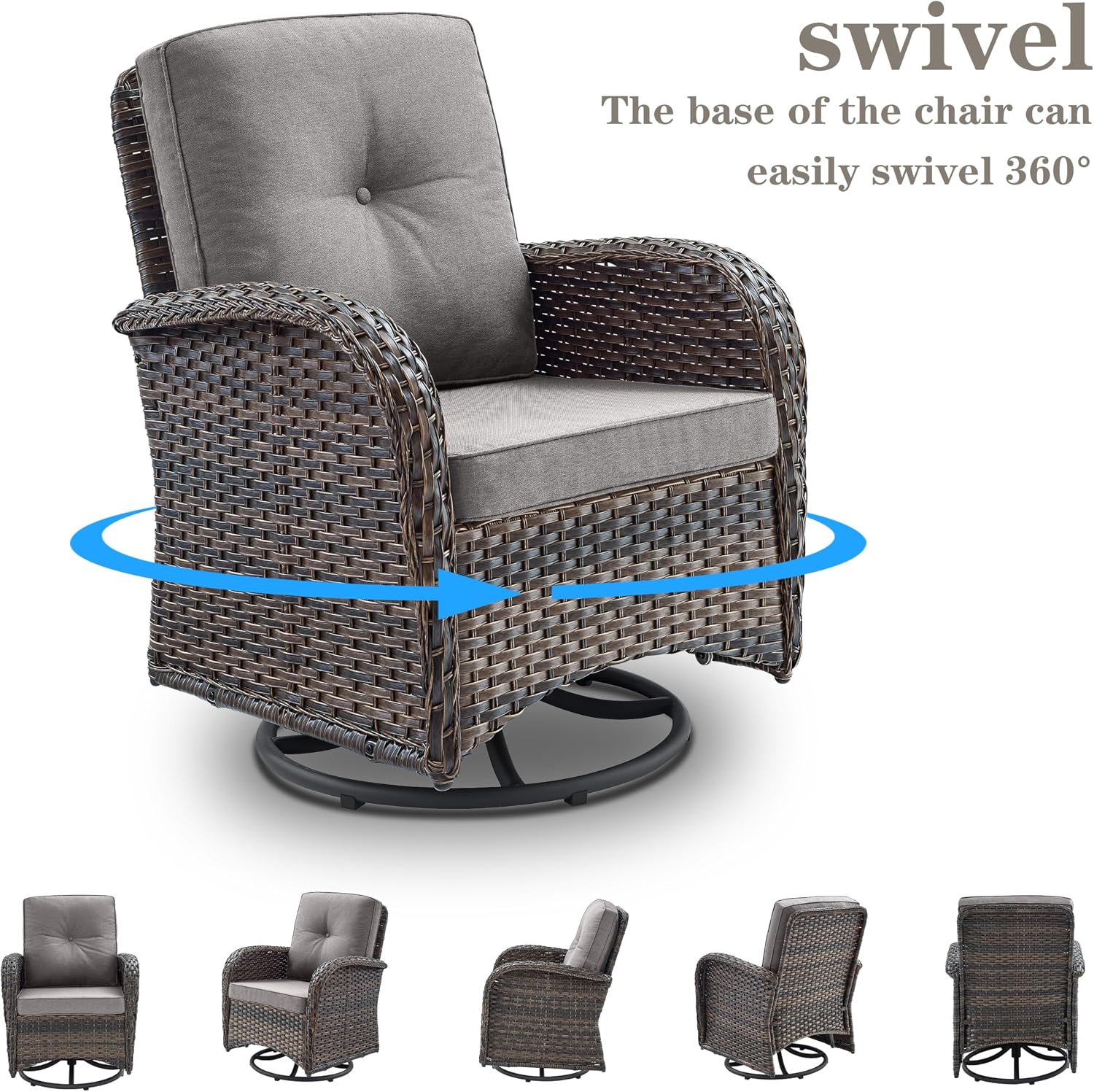 Belord Small Conversation Sets Patio Funiture - 5 Piece Outdoor Swivel Rocker Wicker Furniture Sets with Ottomans Side Table Perfect for Patio Deck Backyard, Brown Wicker Grey Cushion