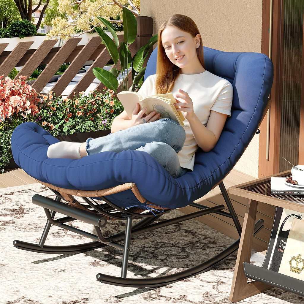 Garvee Outdoor Rocking Chair with Footrest, Oversized Patio Papasan Chairs with Cushion, Modern Lounge Rocker Chair for Indoor Living Room Garden Porch Balcony, Blue