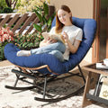 Garvee Outdoor Rocking Chair with Footrest, Oversized Patio Papasan Chairs with Cushion, Modern Lounge Rocker Chair for Indoor Living Room Garden Porch Balcony, Blue