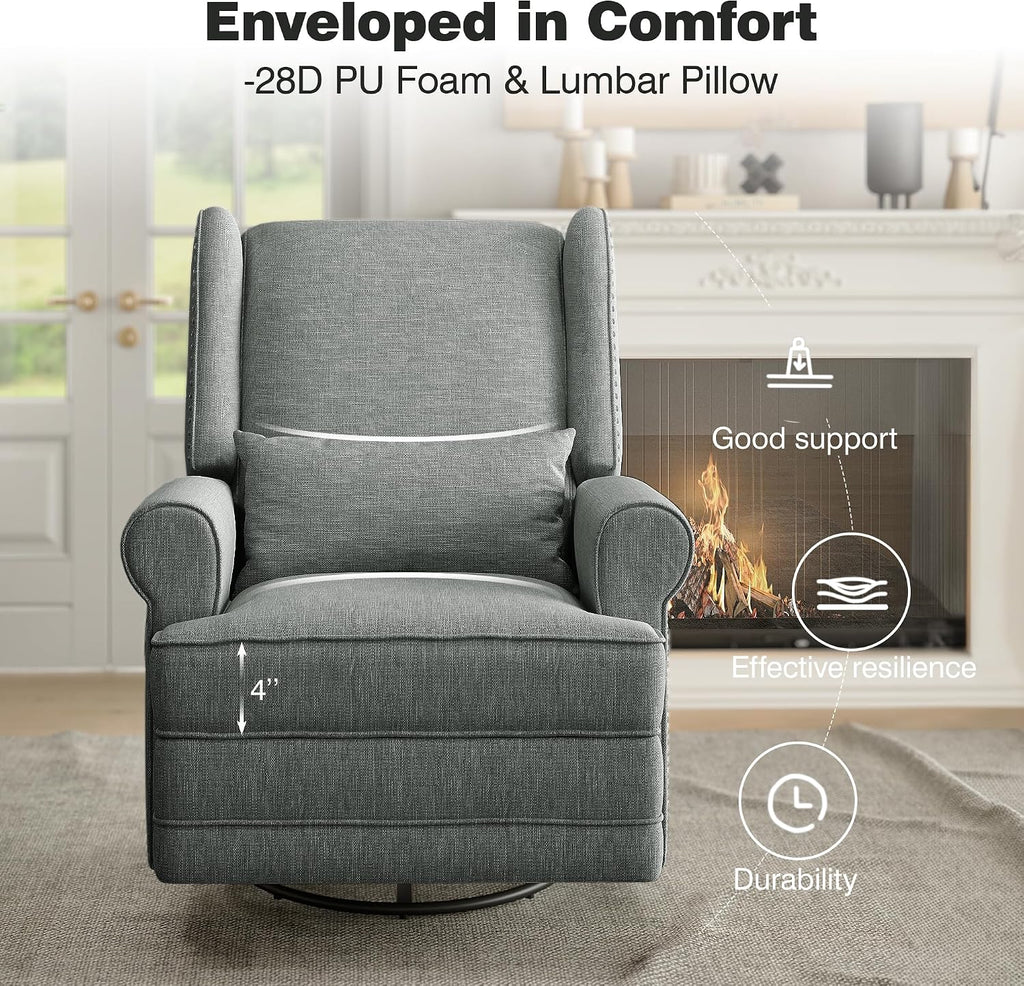 May in Color Nursery Glider Recliner, Comfy Upholstered Glider Chair with Lumbar Pillow and Footrest, Swivel Rocking Chair for Bedroom, Living Room, Dark Grey