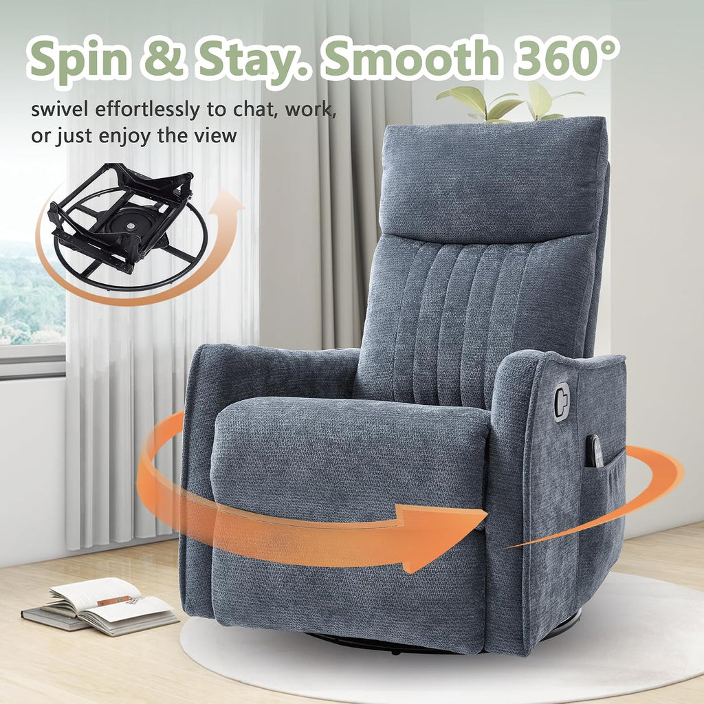cinkehome Heated Massage Swivel Rocker Recliner Chair for Nursery - Small Space Reclining Chair with Lumbar Support, 360° Swivel & Gentle Rocking, Ergonomic High Back Chenille Fabric Blue