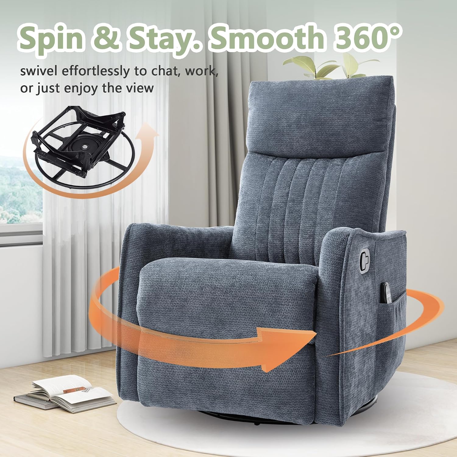 cinkehome Heated Massage Swivel Rocker Recliner Chair for Nursery - Small Space Reclining Chair with Lumbar Support, 360° Swivel & Gentle Rocking, Ergonomic High Back Chenille Fabric Blue