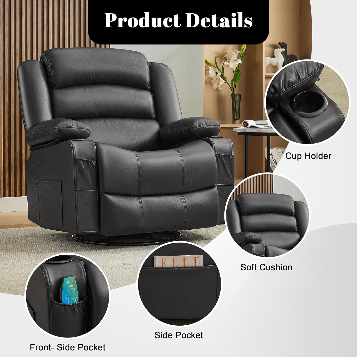 Oversized Nursery Rocking Chairs with Heat and Massage, 360° Swivel Recliner Chair for Adults, Recliner Single Sofa Seat with Cup Holders, Lazy Boy Recliner Single Sofa (Oversized Manual, Black)