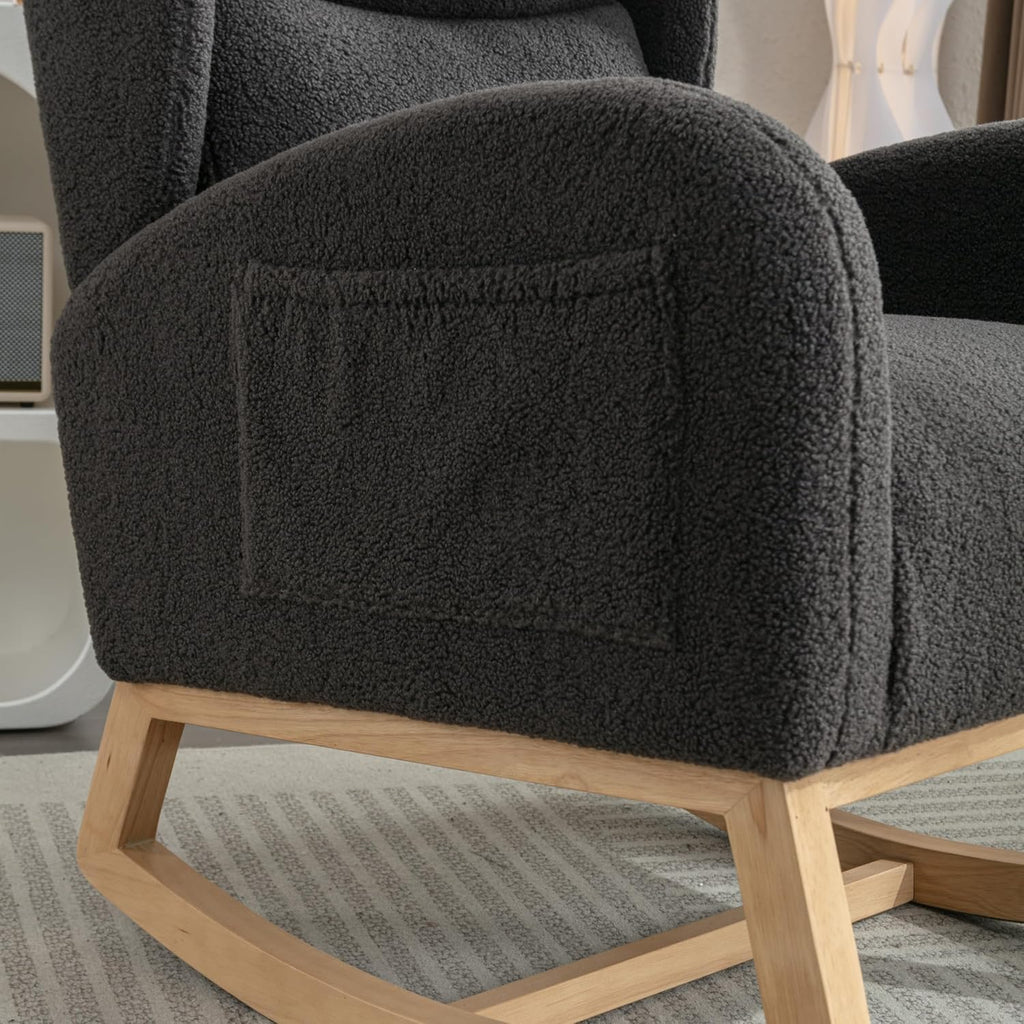Setawix Teddy Rocking Glider Chair for Nursery,Upholstered Living Room Rocker Arm Chair,Leisure Sherpa Wingback Armchair,Mid Century Modern Rocking Accent Chair with Side Pockets (Wingback Dark Grey)