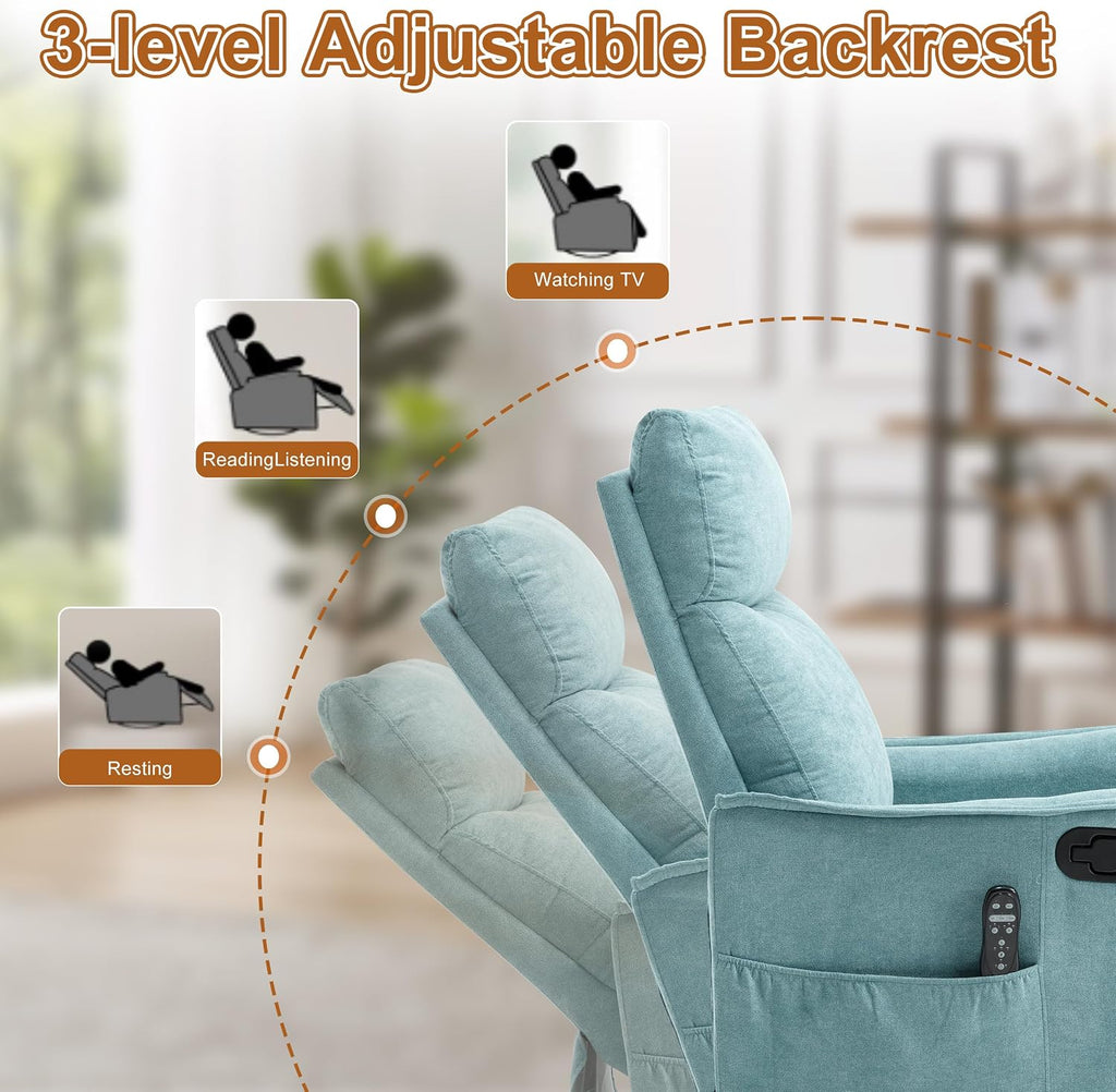 Manual 360° Swivel Rocker Recliner Chair for Adults, Overstuffed Glider Chair for Nursery with Vibration Massage & Heat, Comfy Soft Fabric Recliner Chair with Side Pockets for Living Room, Blue Green