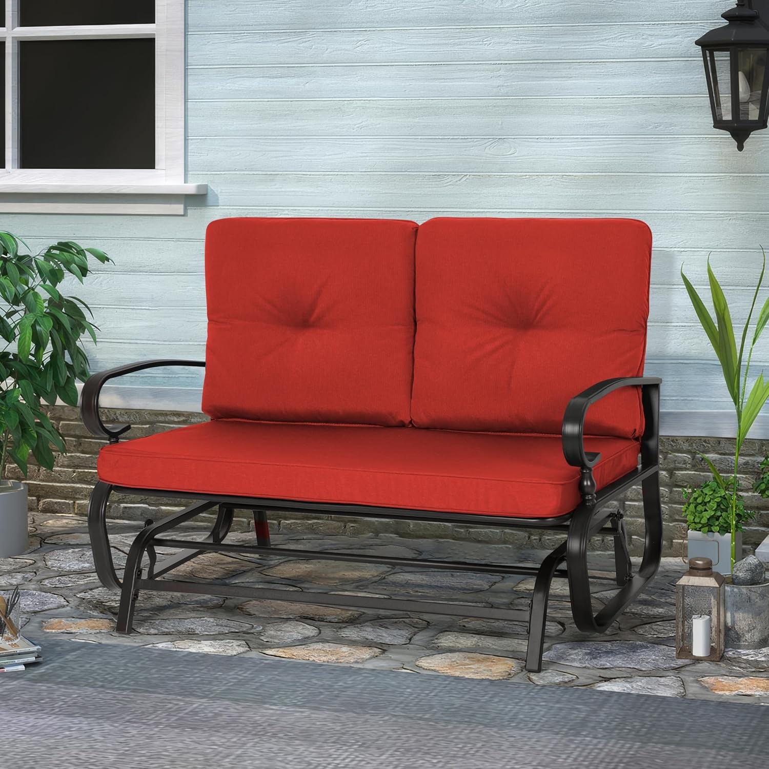 Crownland Outdoor Patio Glider Chair, Rocking Glider Bench for 2 Person, Porch Furniture Loveseat Seating, Wrought Iron Patio Gliders for Outside, Porch, Garden, Classic Red