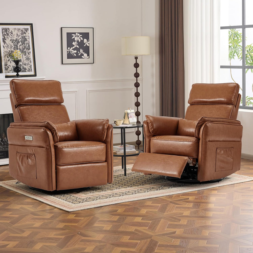 Power Recliner Rocking Chair Nursery Gliders with Adjustable Armrests and Headrest, Swivel Electric Glider Reclining Nursing Chair with USB Port and Storage Bags, FSC Certified (Leather, Brown)