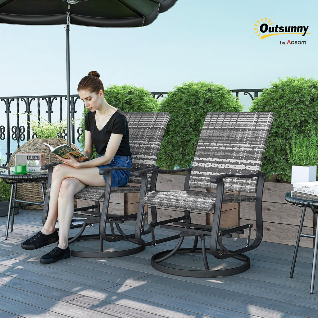 Outsunny Patio Glider Chair Set of 2, Wicker Rattan Outdoor Swivel Chair with Steel Frame, High Back, Armrests, Porch Glider with Adjustable Foot Pads for Garden, Lawn, Backyard, Gray