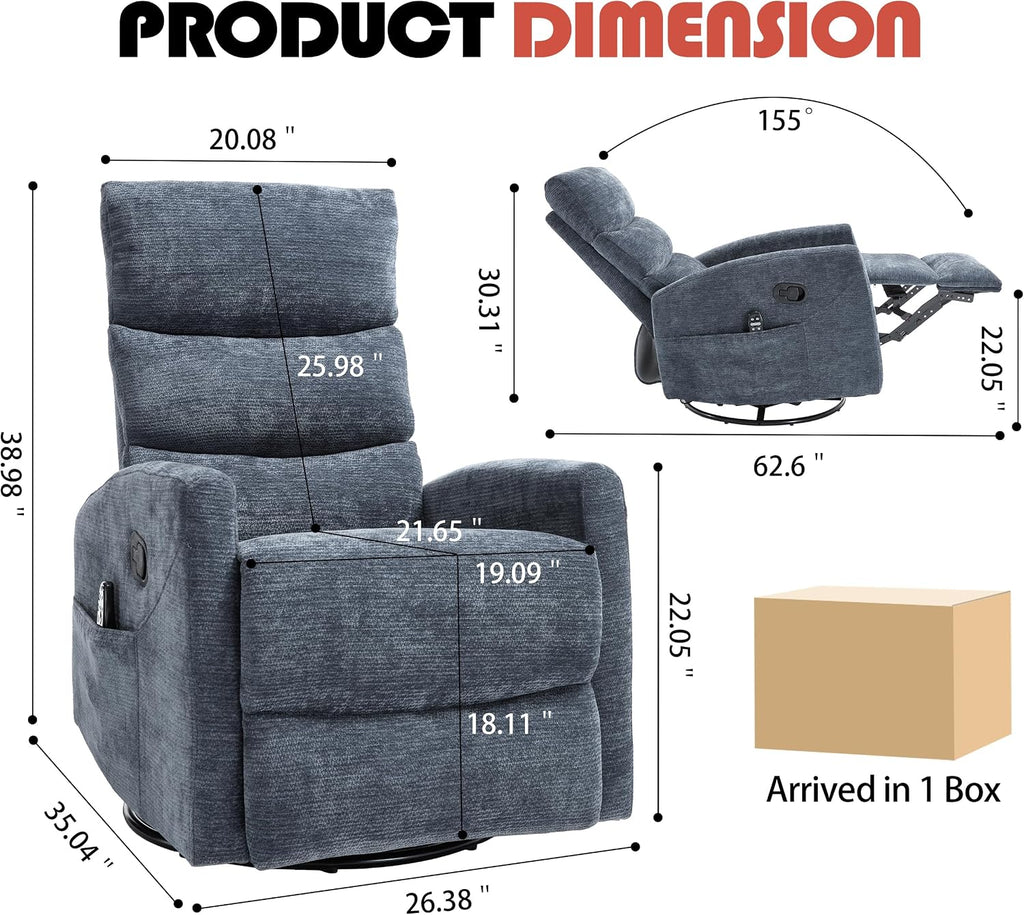 Luxlen Manual Swivel Rocker Recliner Chair with Massage, Overstuffed Recliner Glider with Vibration Massage and Heat for Nursery, Living Room Reclining Sofa Chair, Fabric Blue