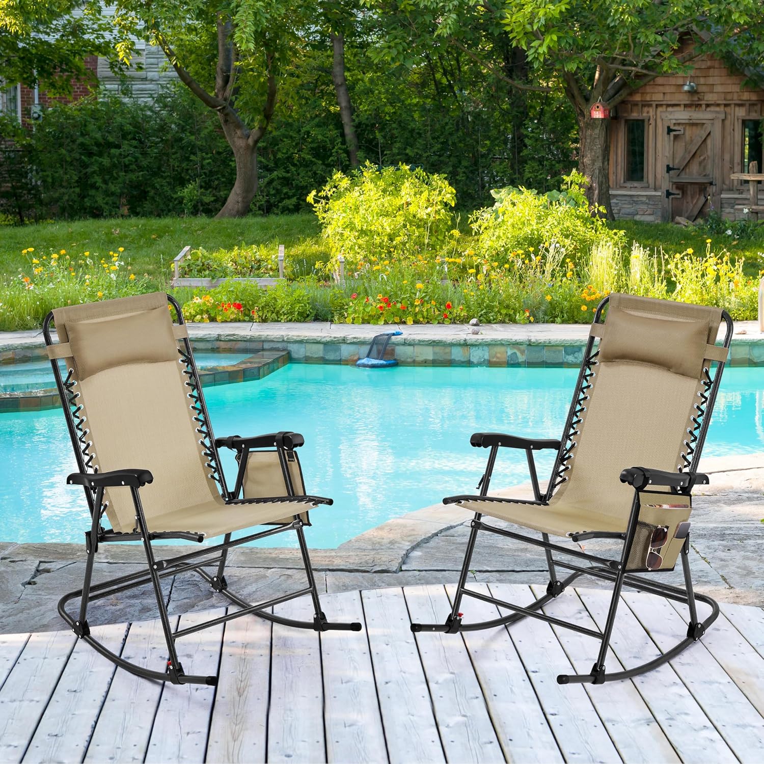 Yaheetech 26in Rocking Chair Outdoor Zero Gravity Folding Chairs Rocking Chairs Foldable Outdoor Lounge Chair for Outside Lawn with Cupholder/Pillow Ergonomic Design for Rest, Set of 2