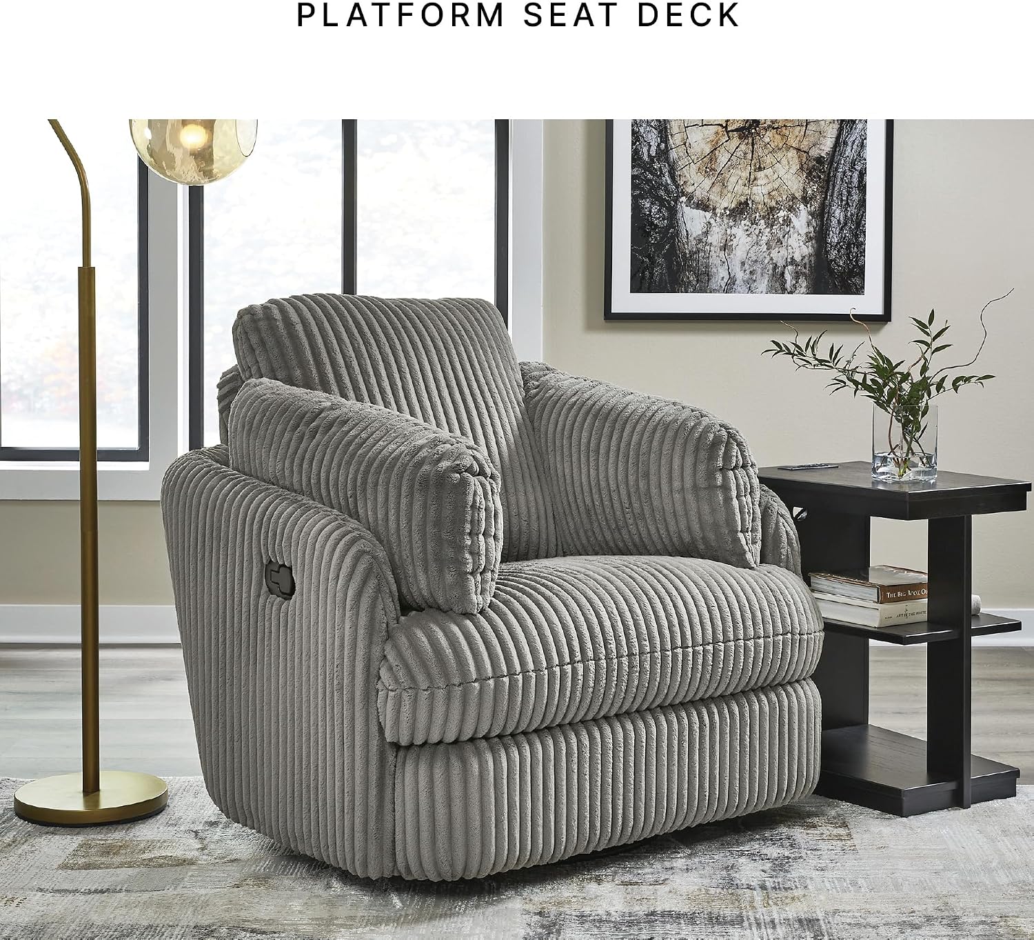 Signature Design by Ashley Tie-Breaker Swivel Glider Recliner, 2 Bolster Pillows, Hidden Storage, Fabric Upholstery, 41.38' W x 40.25' D x 39.75' H, Light Gray