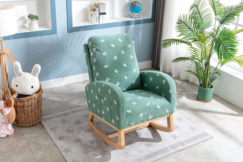 Setawix Teddy Rocking Chair for Nursery, Midcentury Modern Accent Rocker Armchair with Side Pocket, Upholstered High Back Wooden Rocking Chair for Living Room Baby Room Bedroom (Green Alphabet)