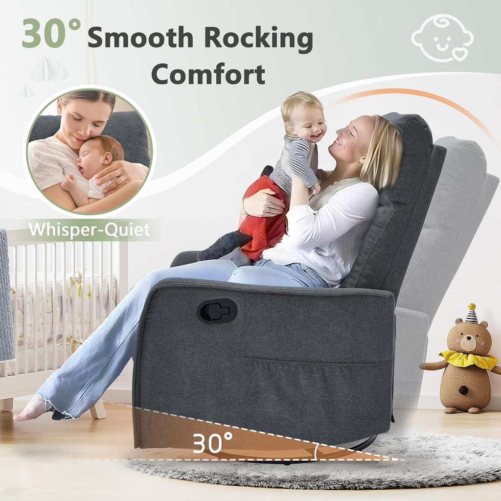cinkehome Swivel Rocker Recliner, Glider Rocker Recliner Chair for Nursery, Manual Reclining Chair with Heated Massage, Small Spaces, Living Room, Linen Dark Grey