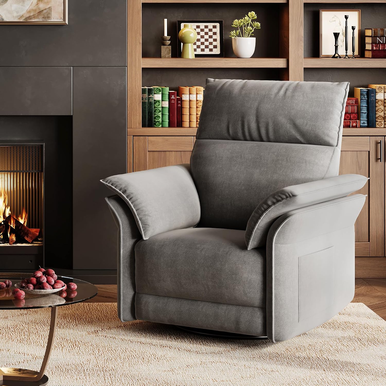 GAOMON Swivel Rocking Recliner Chair, Manual Leather Recliner Glider with Lumbar Support & Padded Armrest, Comfortable Rocker Nursery Single Sofa for Living Room and Bedroom (Light Gray)