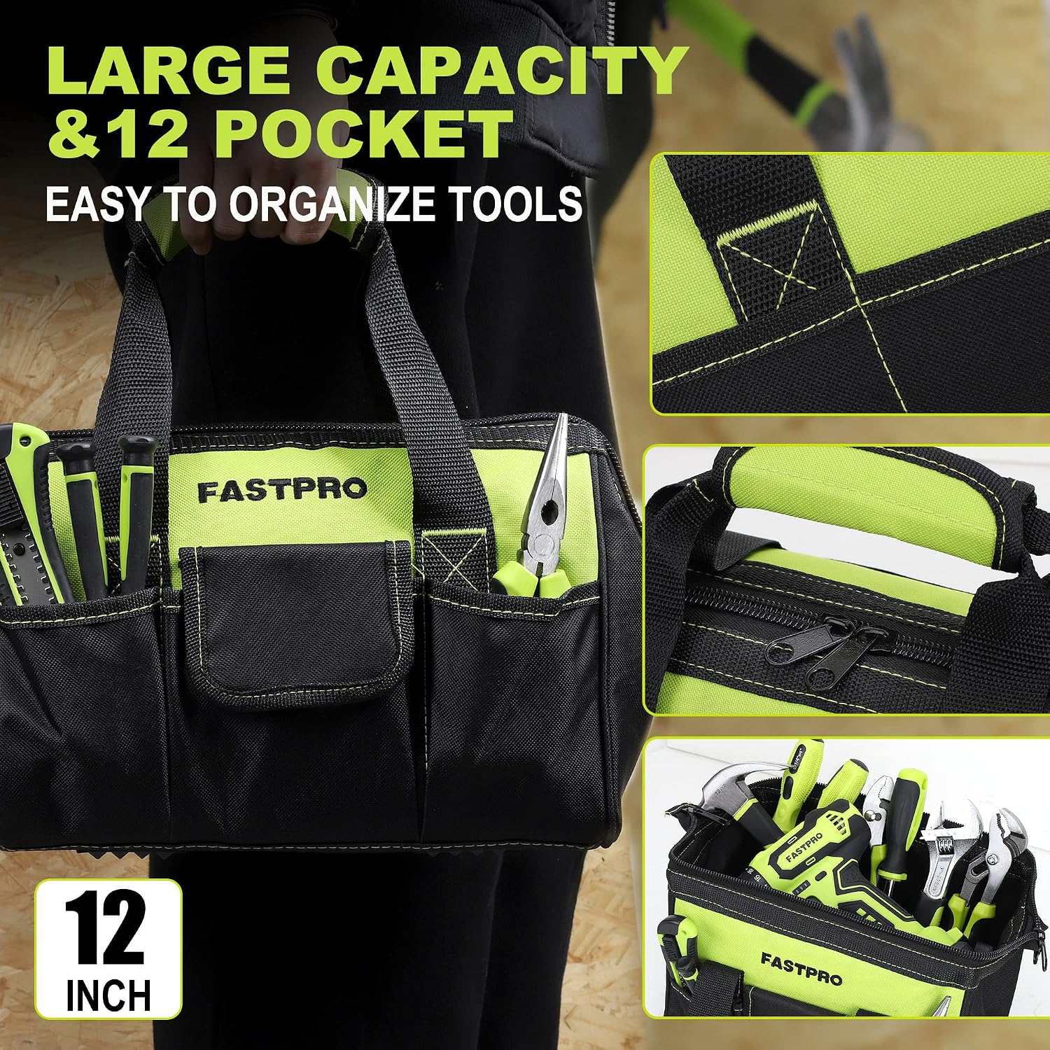 FASTPRO 232-Piece Home Tool Set with Drill, 20V Cordless Drill Driver, Household Repairing Tool Kit with Drill, 12-Inch Wide Mouth Storage Tool Bag Included, Green
