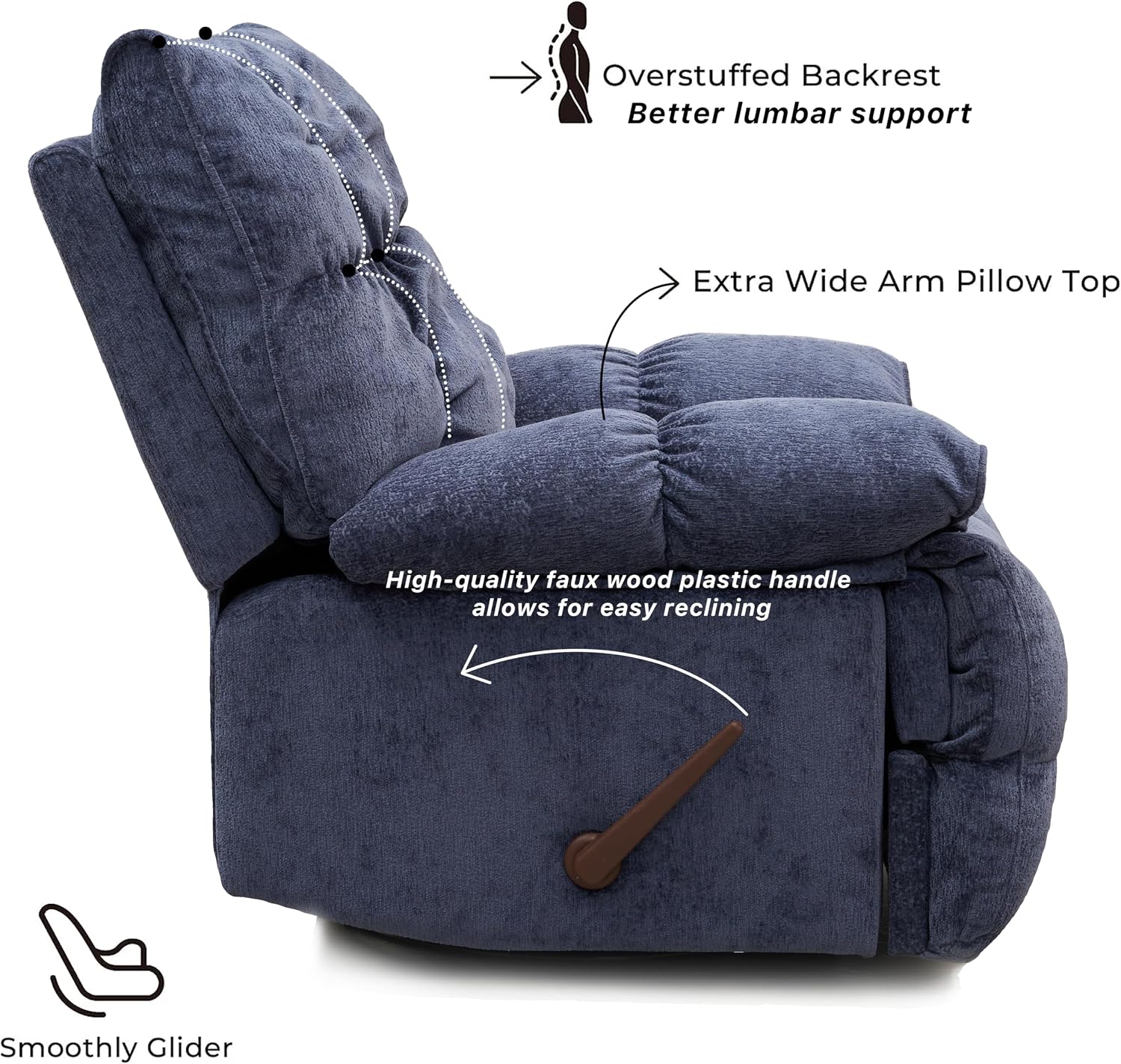 SITJOY Oversized Power Swivel Rocker Recliner Chair, Overstuffed Extra Wide Rocking Chair for Big and Tall, Glider Recliner Nursery Chair, Soft Breathable Fabric in Dark Blue, Manual