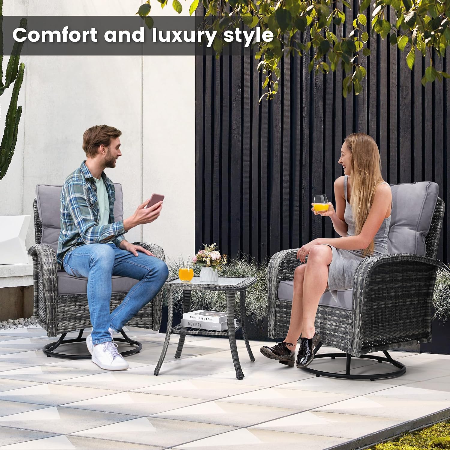 wildformers Luxury Outdoor Swivel Wicker Glider Patio Chairs with Table Set, Overstuffed Washable Cushions, Ideal for Porch, Balcony, Deck, Grey Rattan and Grey Cushion
