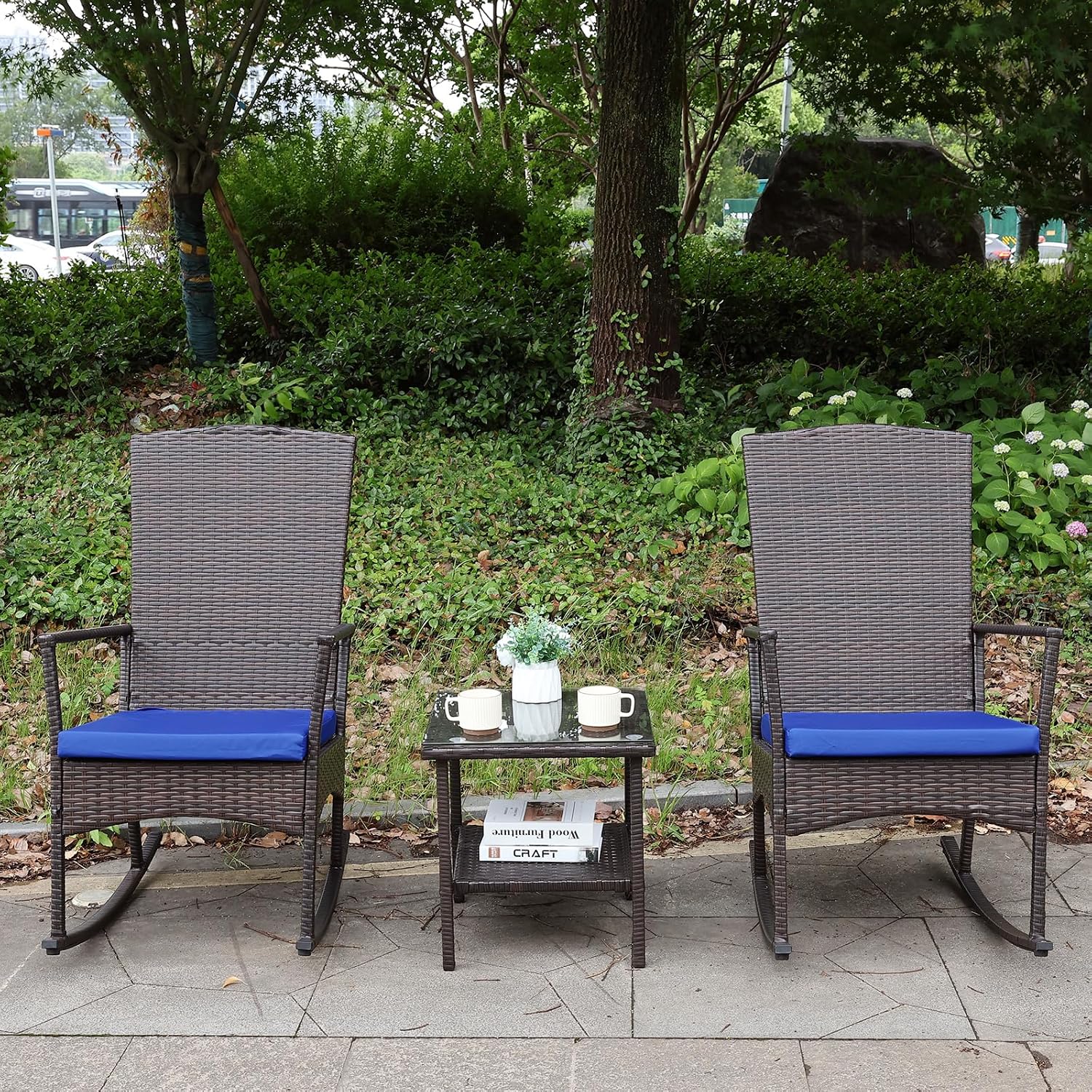 Oasishine Rocking Chair Outdoor 3 Pieces High-Backed Patio Rocking Chairs Bistro Table and Chairs Set of 2, Royal Blue