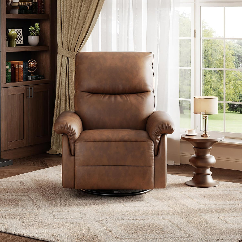 GarveeHome Recliner Chair, 360° Swivel Rocker Glider Nursery Chair with Padded Armrest and Deep Seat, PU Leather Upholstered Reclining Sofa Chair for Living Room, Bedroom and Nursery (Orange)