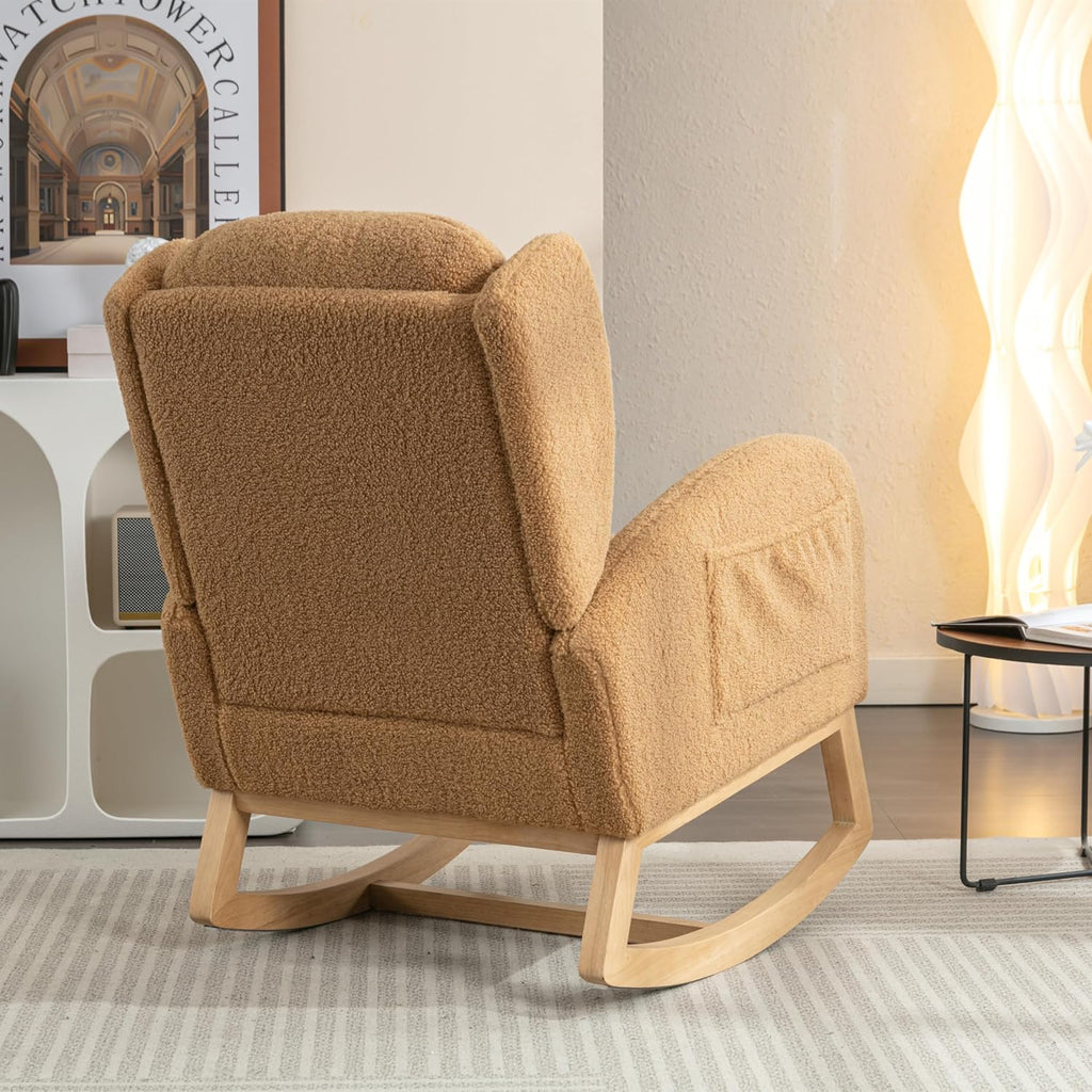 Setawix Teddy Rocking Glider Chair for Nursery,Upholstered Living Room Rocker Arm Chair,Leisure Sherpa Wingback Armchair,Mid Century Modern Rocking Accent Chair with Side Pockets (Wingback Khaki)
