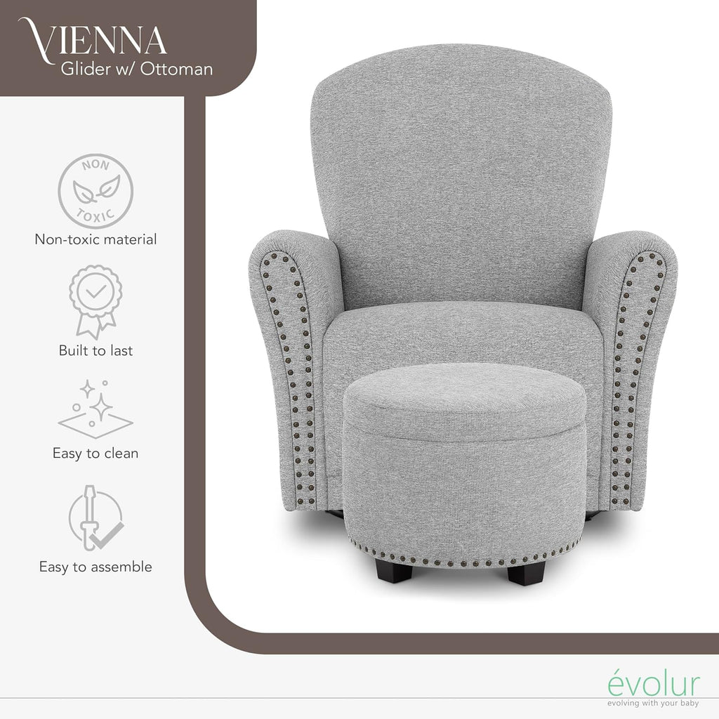 Evolur Vienna Swivel Glider with Ottoman, FSC Certified, Greenguard Gold and JPMA Certified Glider Rocking Chair, 360° Swivel Motion, Ergonomic Design Nursery Glider, Cobblestone