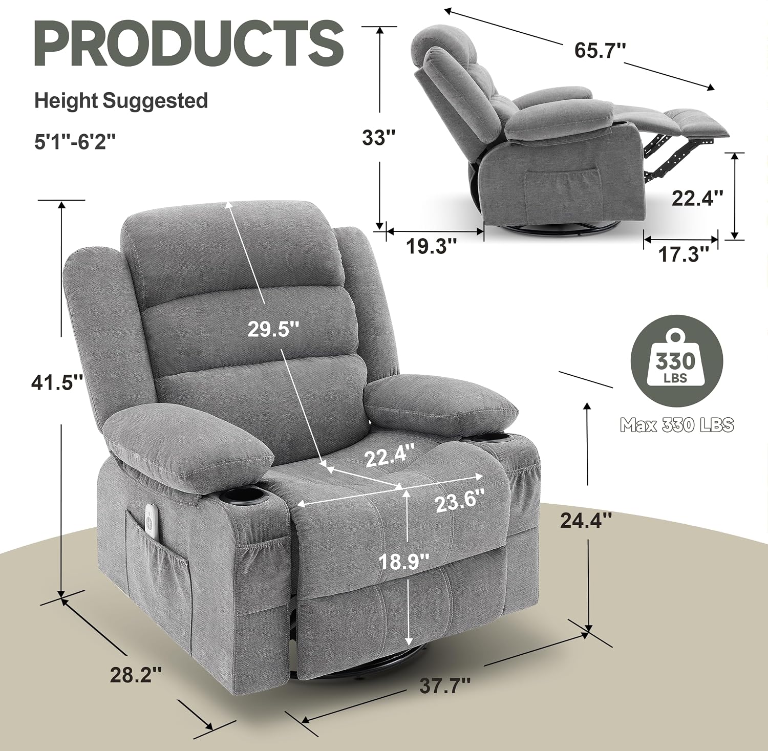 Rocker Recliner Chair with Heat and Massage, 360° Swivel Nursery Rocking Chairs for Adults, Oversized Recliner Single Sofa Seat with Cup Holders, Lazy Boy Recliner Single Sofa (Manual, Grey)