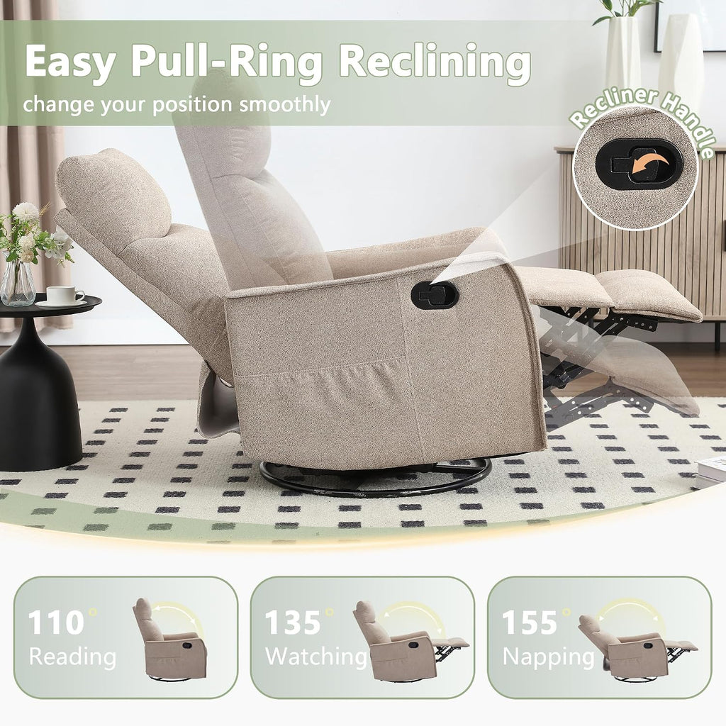 cinkehome Swivel Rocker Recliner Chair with Heated Massage, Rocking Reclining Chairs for Nursery, Small Spaces, High Back, Side Pocket