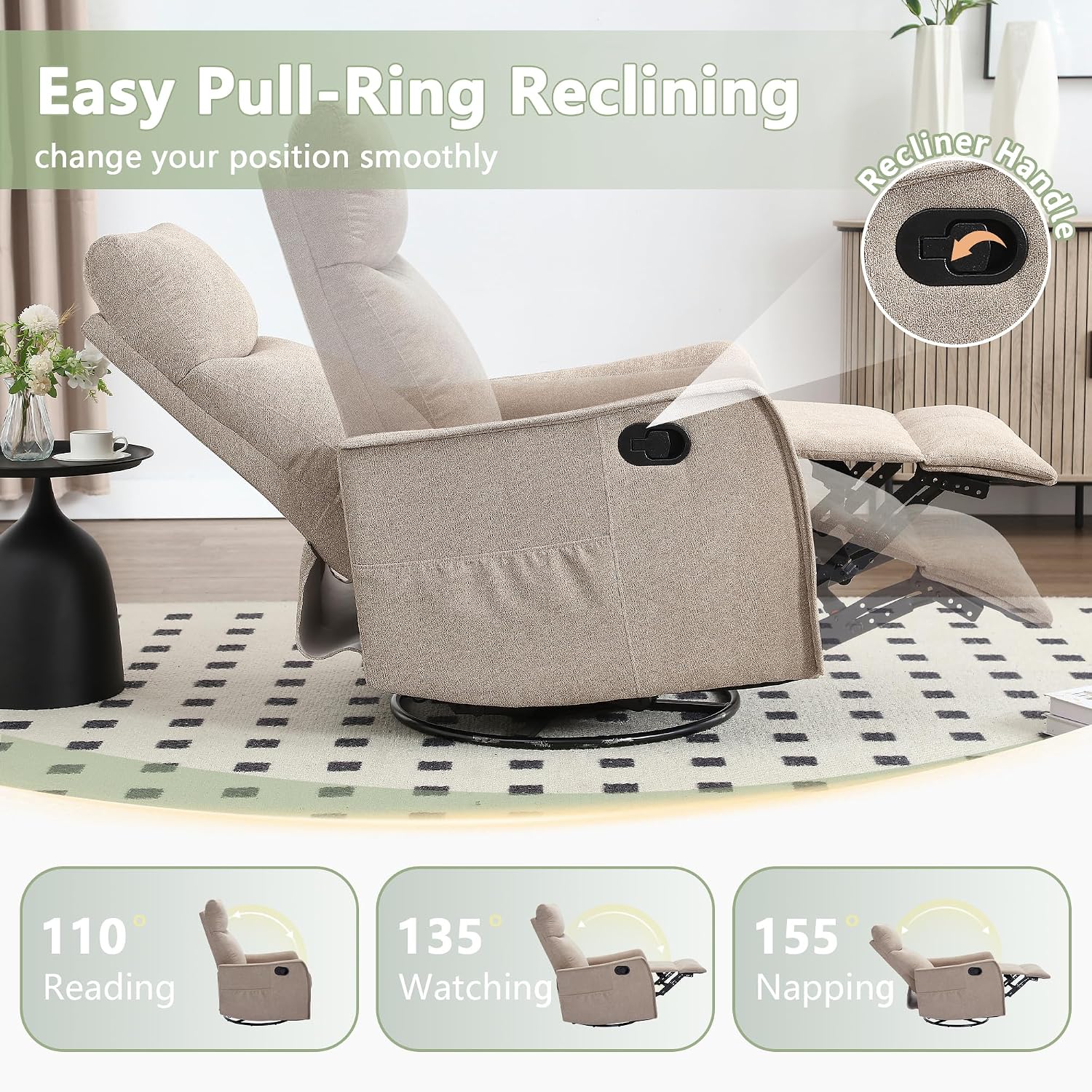 cinkehome Swivel Rocker Recliner Chair with Heated Massage, Rocking Reclining Chairs for Nursery, Small Spaces, High Back, Side Pocket