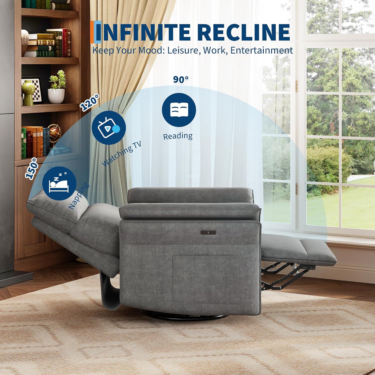 Garvee Power Recliner Glider Chair with Smooth Swivel and Rocking Motion Adjustable Recline USB Charging Port Premium Chenille Fabric and Double Armrests for Living Room and Nursery