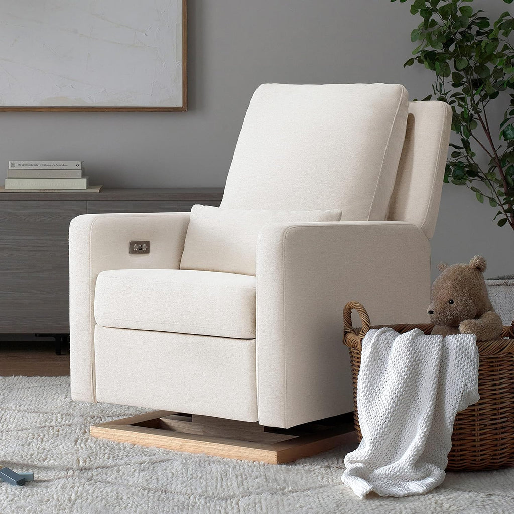 Babyletto Sigi Electronic Power Recliner & Swivel Glider with USB Port in Performance Cream Eco-Weave with Light Wood Base, Water Repellent & Stain Resistant, Greenguard Gold and CertiPUR-US Certified