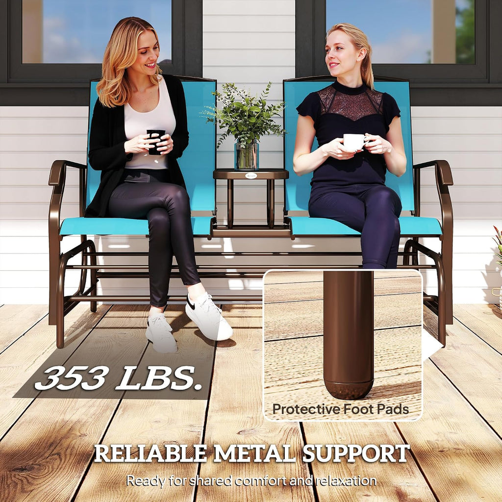 Outsunny Outdoor Glider Bench with Center Table, Metal Frame Patio Loveseat with Breathable Mesh Fabric and Armrests for Backyard Garden Porch, Blue