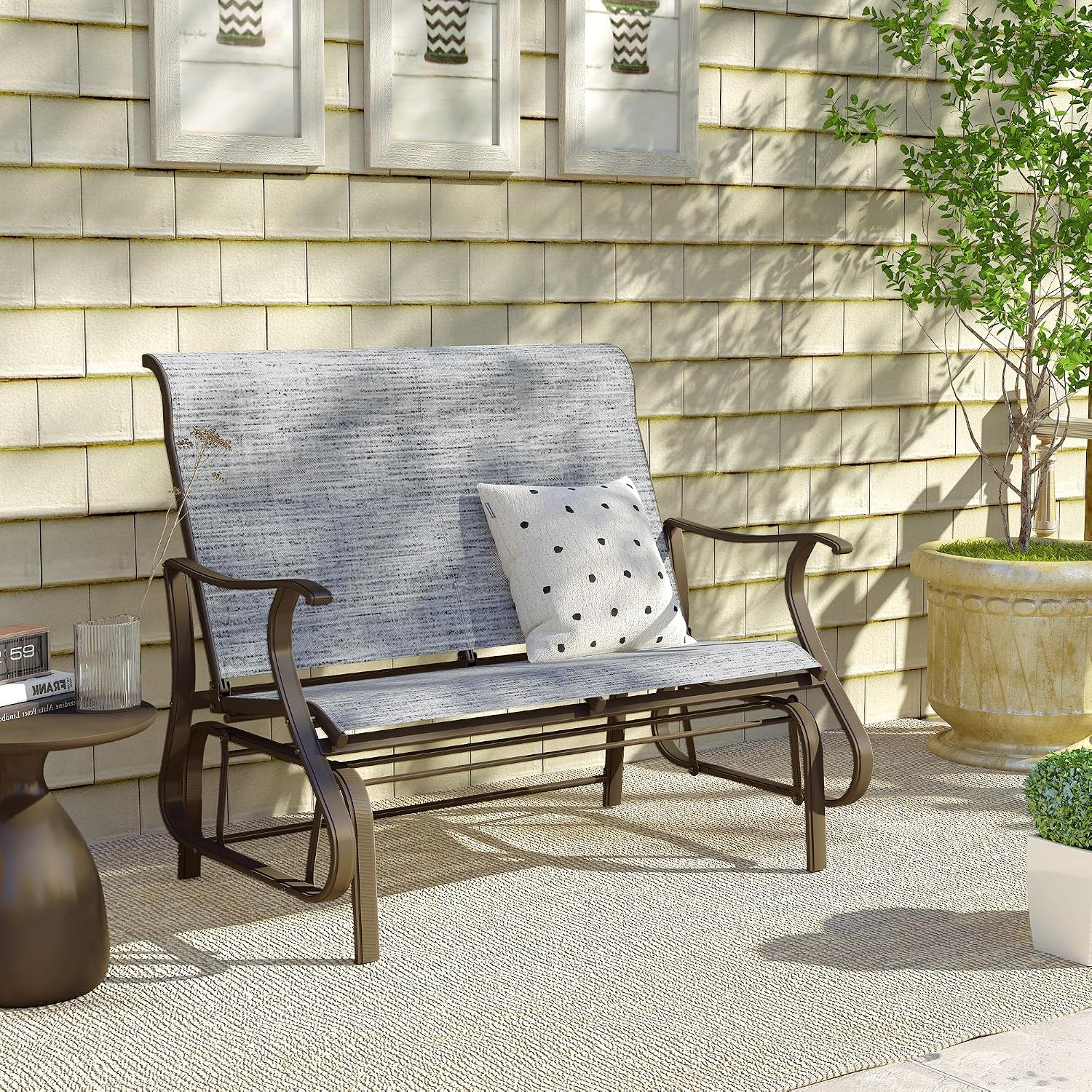 Outsunny 2-Person Outdoor Glider Bench, Patio Glider Loveseat Chair with Powder Coated Steel Frame, 2 Seats Porch Rocking Glider for Backyard, Lawn and Garden, Mixed Gray