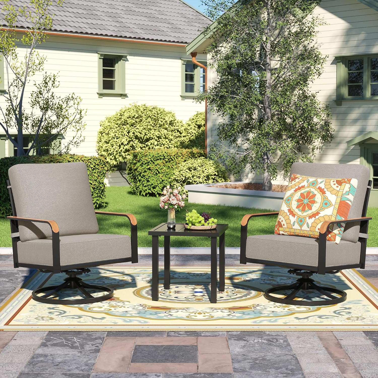 NATURAL EXPRESSIONS Outdoor Bistro Set, 3 Piece Patio Swivel Glider Rocking Chairs Patio Conversation Furniture Set with 2 Rockers,Metal Table, 6' Thick Cushions for Backyard,Porch,Balcony,350lbs