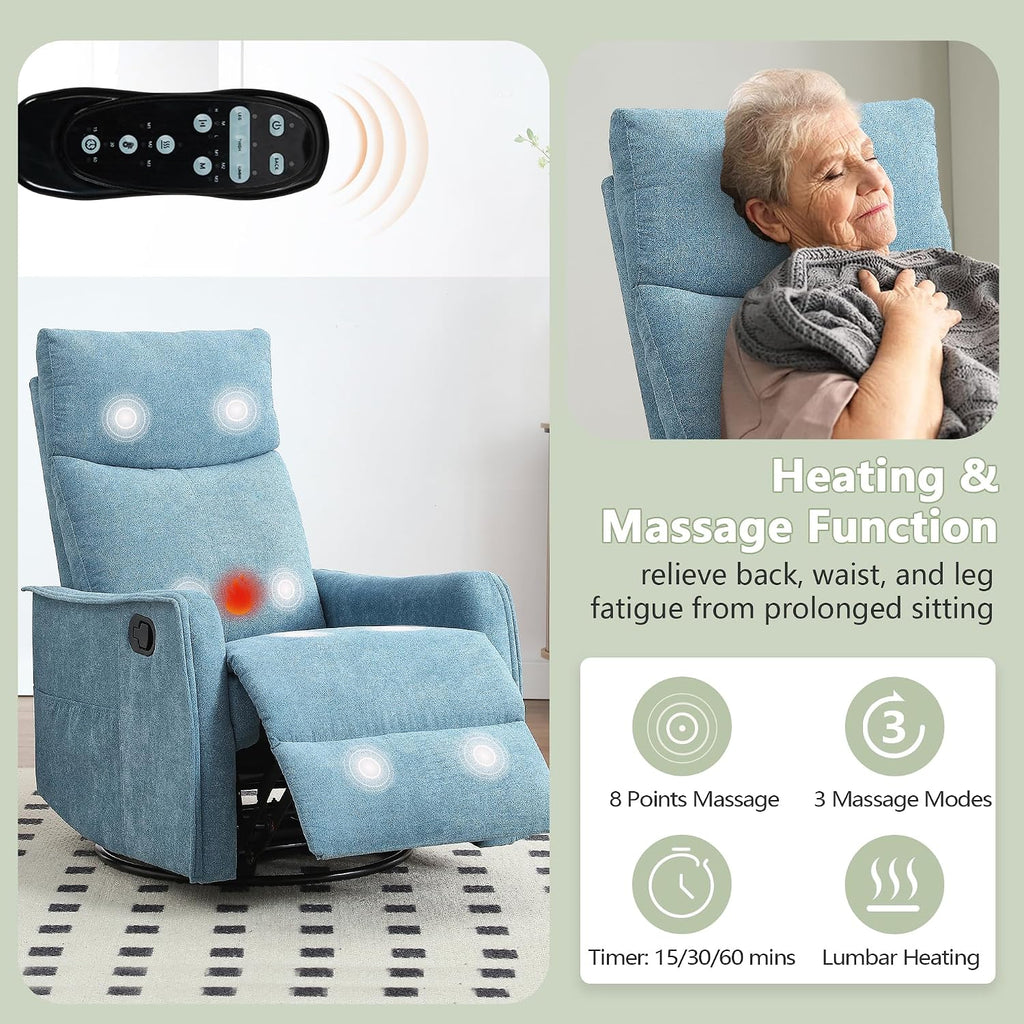 cinkehome Swivel Rocker Recliner Chair with Heated Massage, Rocking Reclining Chairs for Nursery, Small Spaces, High Back, Side Pocket