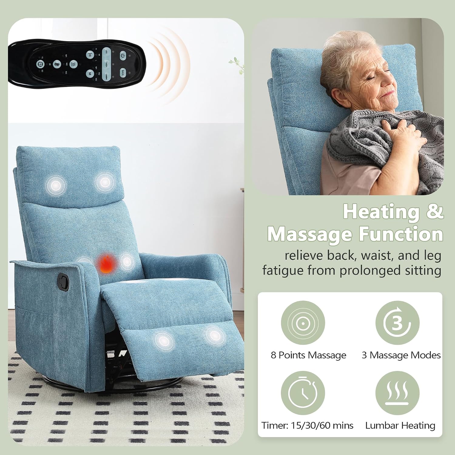 cinkehome Swivel Rocker Recliner Chair with Heated Massage, Rocking Reclining Chairs for Nursery, Small Spaces, High Back, Side Pocket