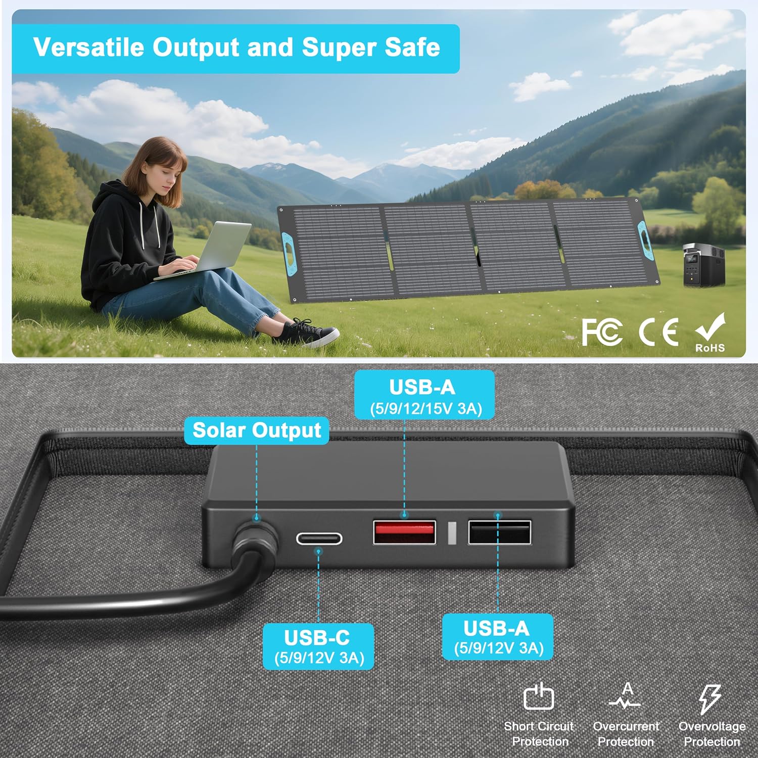 220W Portable Solar Panel with QC3.0 USB-A &Type-C, 23.5% Solar Efficiency ETFE Foldable Solar Panel Charger for Power Station, IP67 Waterproof for RV, Camping, Backup
