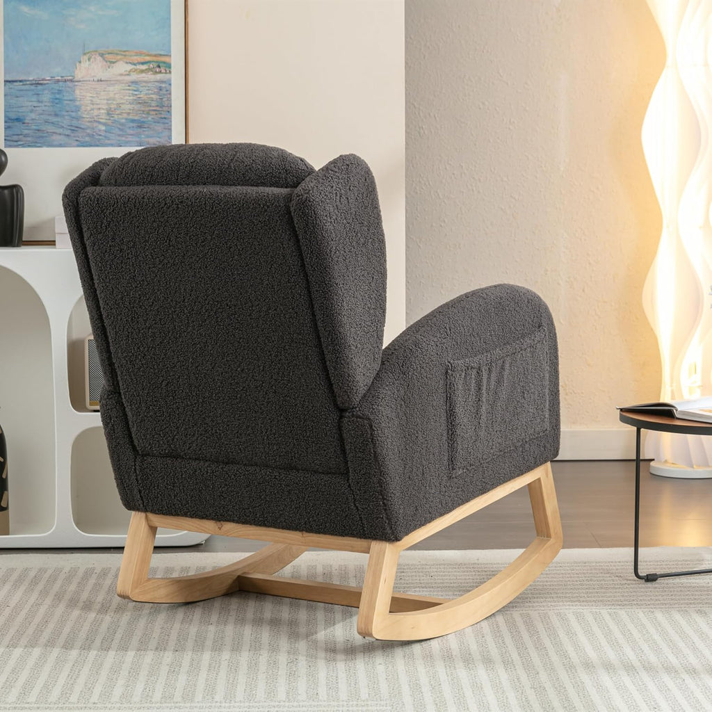 Setawix Teddy Rocking Glider Chair for Nursery,Upholstered Living Room Rocker Arm Chair,Leisure Sherpa Wingback Armchair,Mid Century Modern Rocking Accent Chair with Side Pockets (Wingback Dark Grey)
