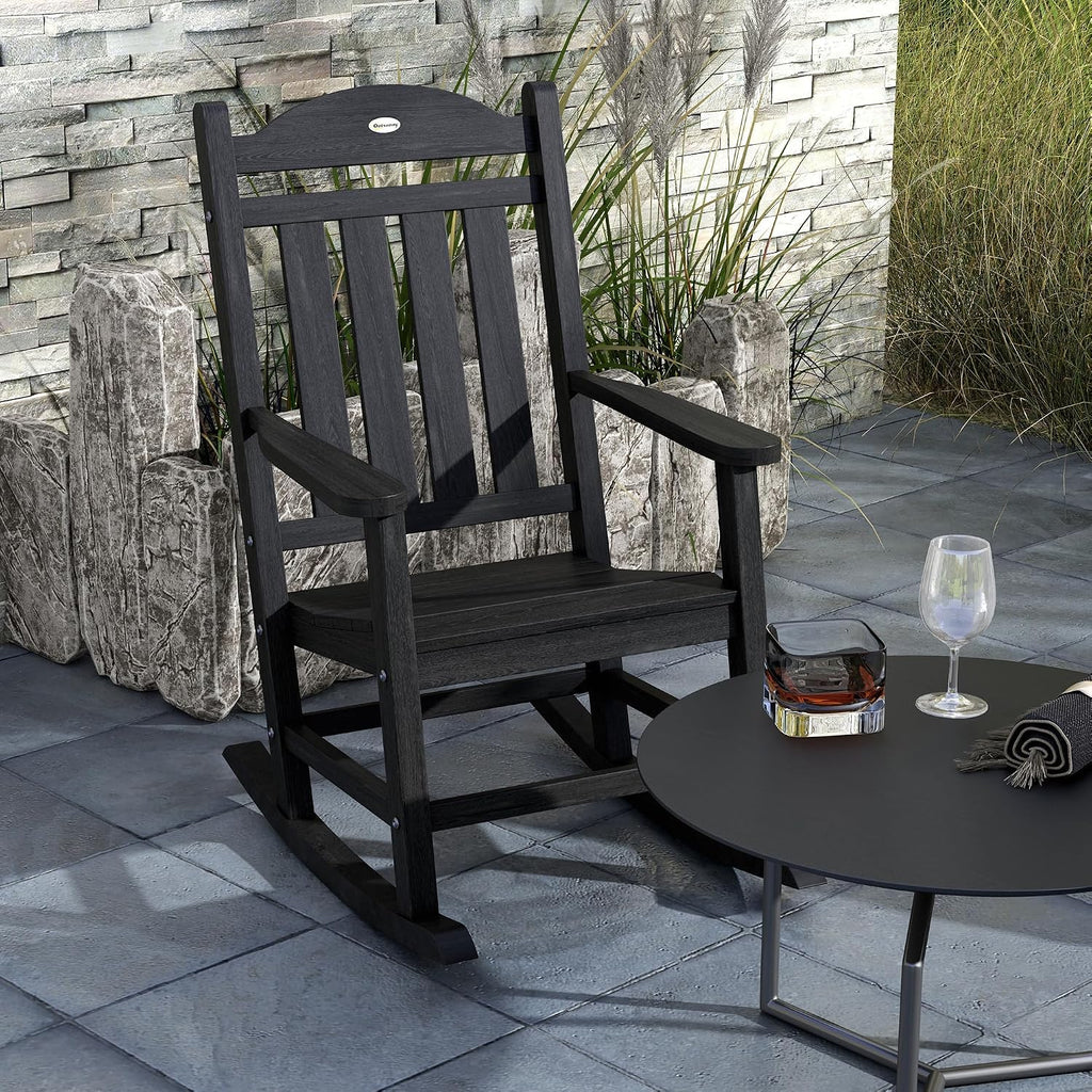 Outsunny 2 Pieces Outdoor Rocking Chair, All Weather-Resistant HDPE Rocking Patio Chairs with Rustic High Back, Armrests, Oversized Seat and Slatted Backrest, 350lbs Weight Capacity, Black