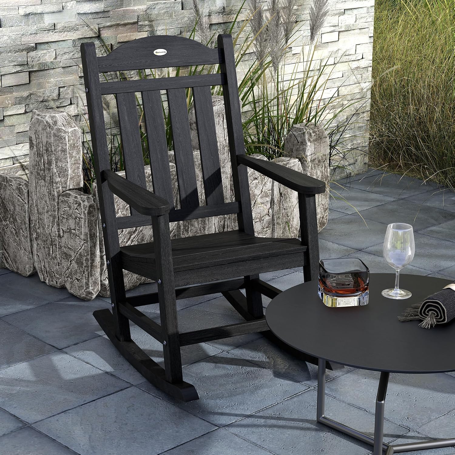 Outsunny 2 Pieces Outdoor Rocking Chair, All Weather-Resistant HDPE Rocking Patio Chairs with Rustic High Back, Armrests, Oversized Seat and Slatted Backrest, 350lbs Weight Capacity, Black