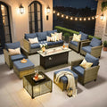 ovios 9 Pieces Patio Furniture Set with 54' Fire Pit Table, Outdoor Sofa Couch with Solar Lights Table Comfy Cushions, Modern Deep Seat Wicker Rattan Conversation Set, Denim Blue