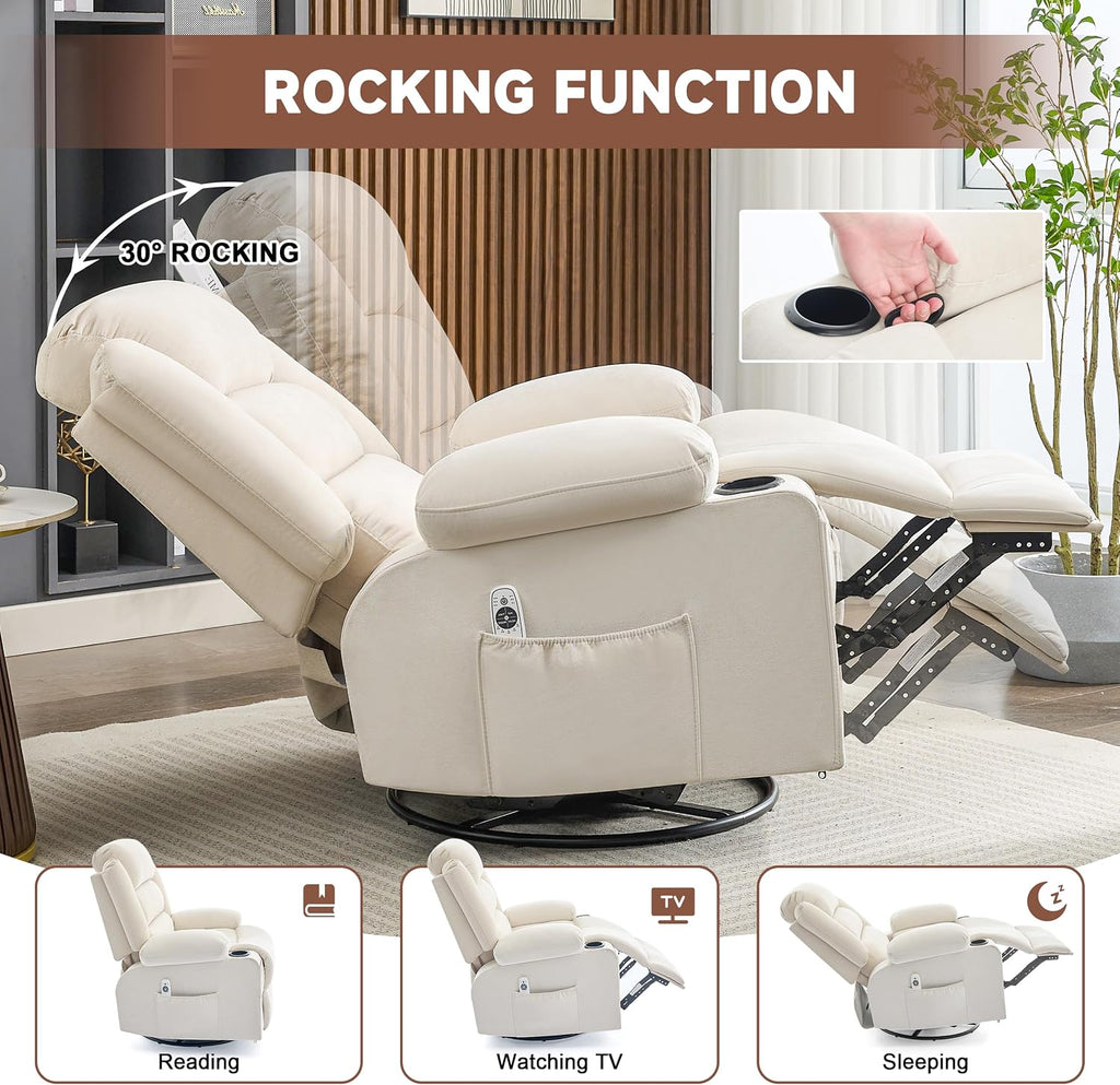 Rocker Recliner Chair with Heat and Massage, 360° Swivel Nursery Rocking Chairs for Adults, Oversized Recliner Single Sofa Seat with Cup Holders, Lazy Boy Recliner Single Sofa (Manual, Beige)