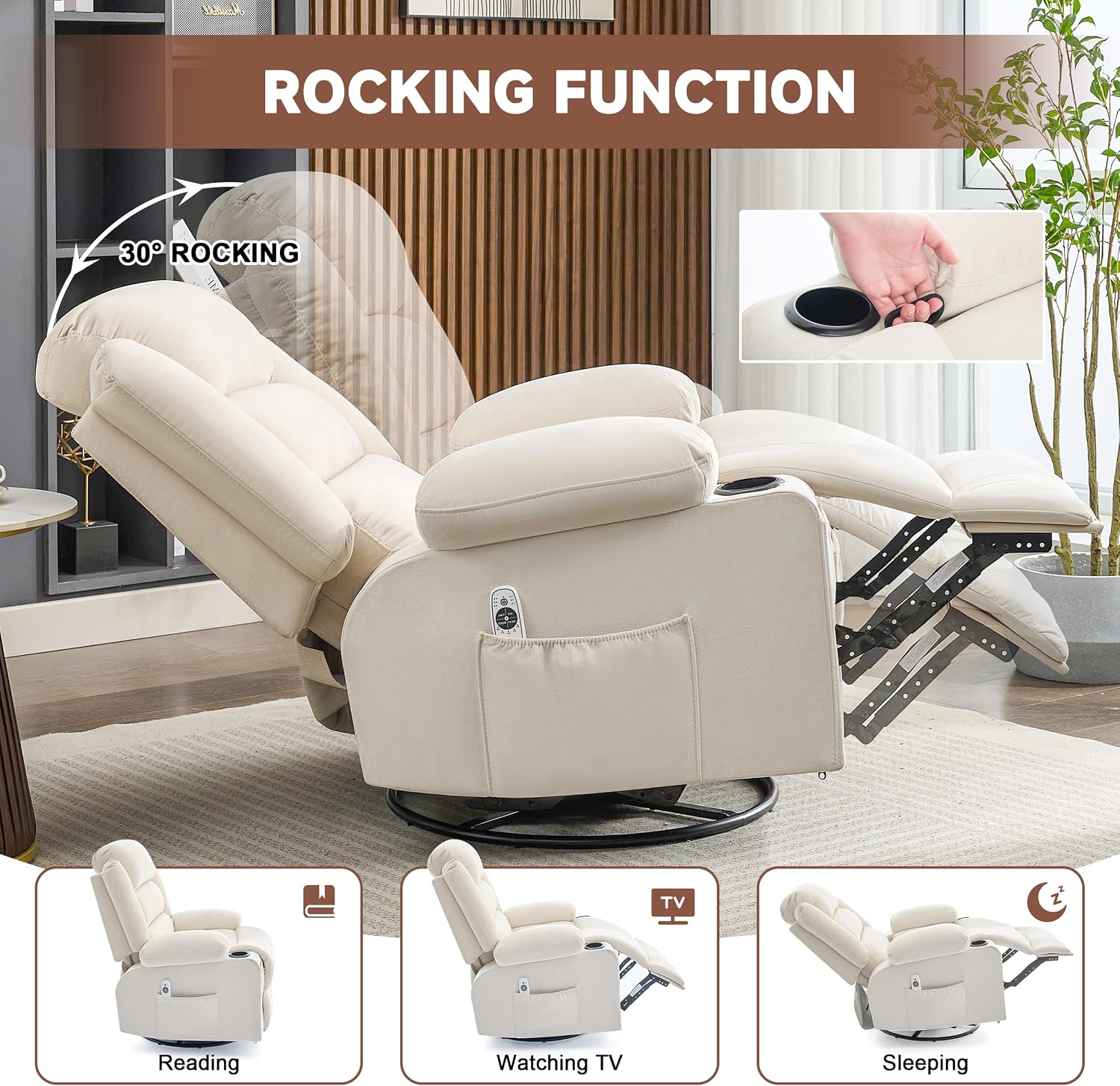 Rocker Recliner Chair with Heat and Massage, 360° Swivel Nursery Rocking Chairs for Adults, Oversized Recliner Single Sofa Seat with Cup Holders, Lazy Boy Recliner Single Sofa (Manual, Beige)