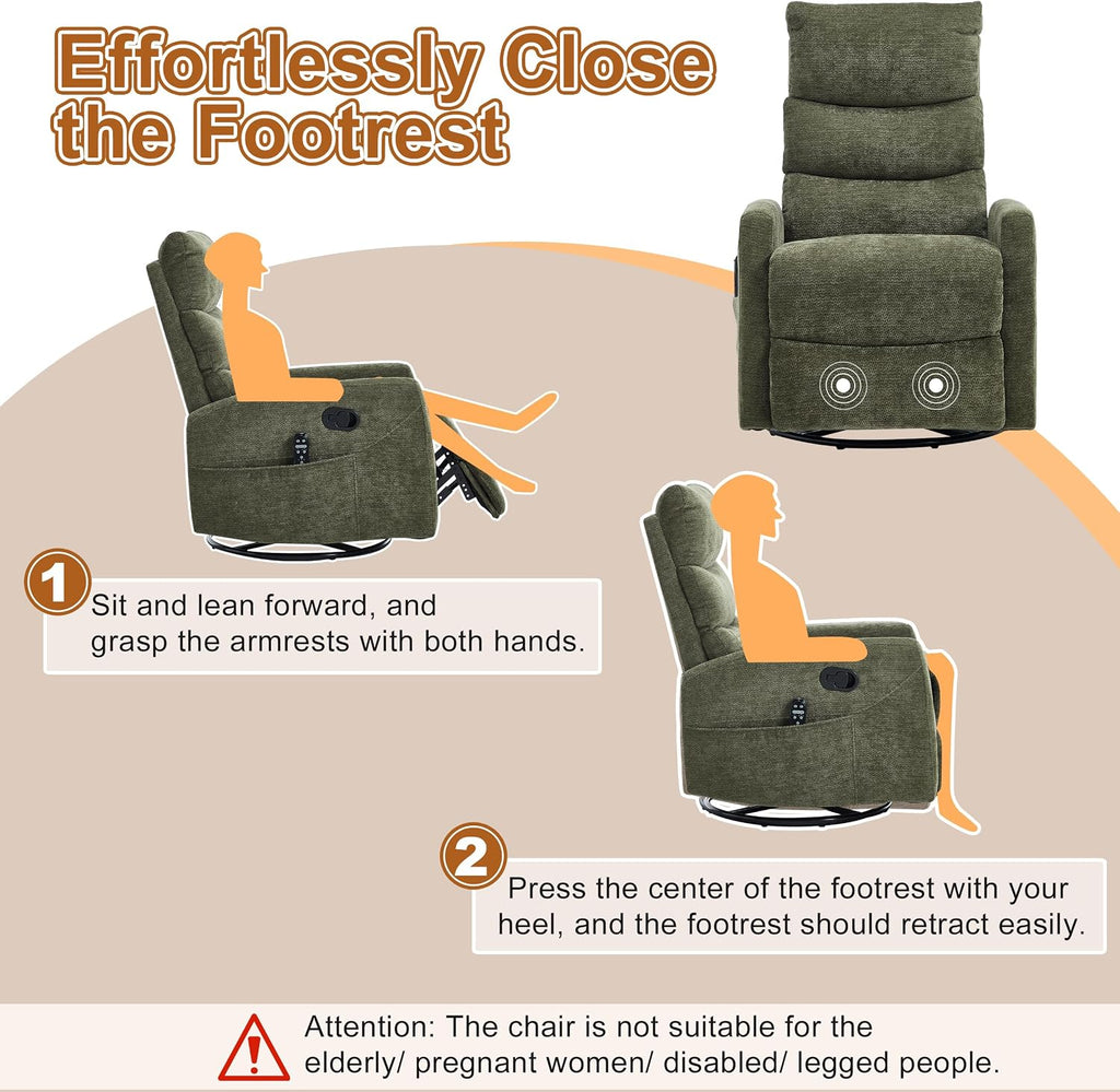Manual Swivel Rocker Recliner Chair for Adults, Overstuffed Glider Chair for Nursing with Vibration Massage & Lumbar Heat, Living Room Rocking Recliner 3-Stage backrest, Chenille Fabric Green