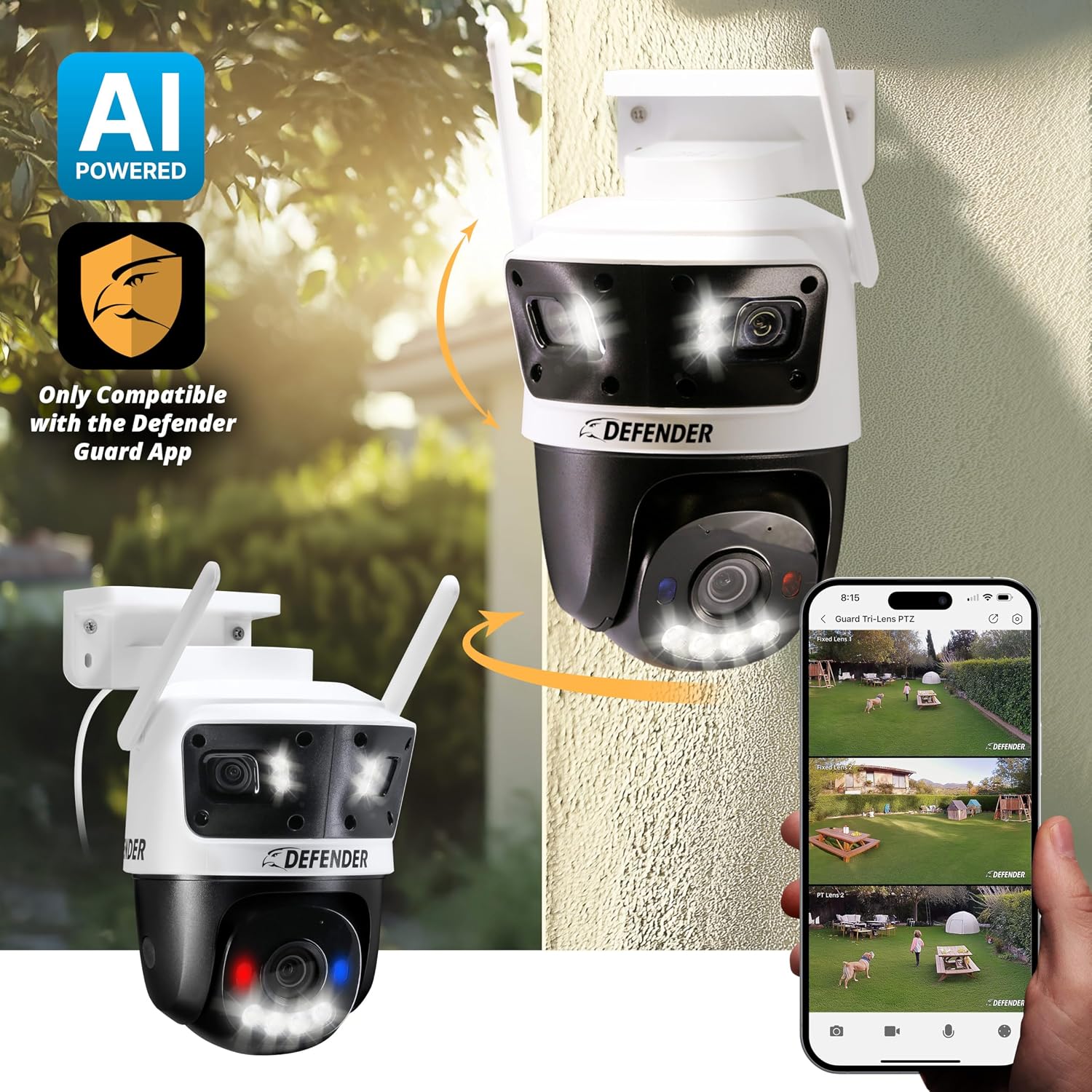 Defender AI Powered 3K+ Guard WiFi Tri-Lens PTZ Plug-in Power Outdoor Security Camera, 3-in-1 360°Smart View Camera, 8X Zoom, Human/Vehicle AI Detection, Blue/Red LED, WiFi 6, Works w/Guard App