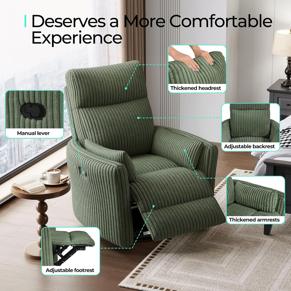 LINSY 360 Swivel Recliner Chair, Nursery Glider Rocking Chair with 2 Pillows, Corduroy Nursing Chair Comfy High Back Adult Rocker Recliner for Small Spaces, Nursery Bedroom Living Room (Green)