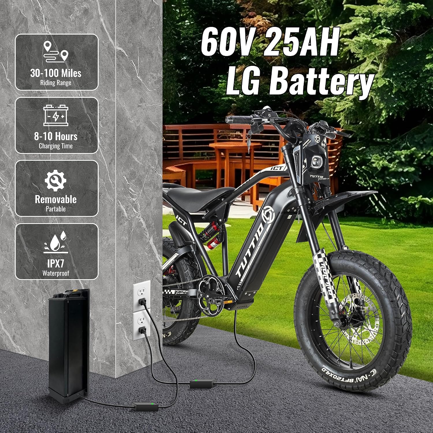 Tuttio ICT Electric Bike for Adults Teens Age 16+, 4000 Peak 50MPH 60V 25AH Electric-Dirt-Bike, 20' Fat Tire Electric Motorcycle, Full Suspension E-Bike for Mountain Off-Road Snow
