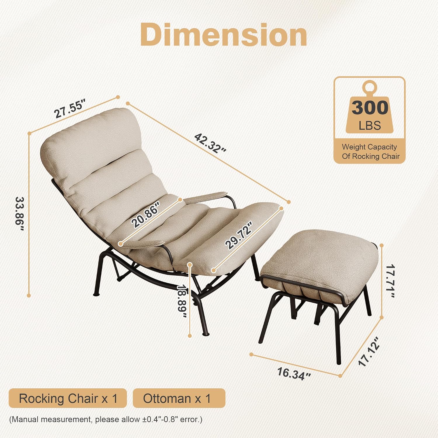 ovios Rocking Chair with Ottoman, Glider Recliner with Footrest, Lazy Accent Armchair with Comfy Cushion for Living Room Bedroom Office, Cloud Plush Velvet, Beige