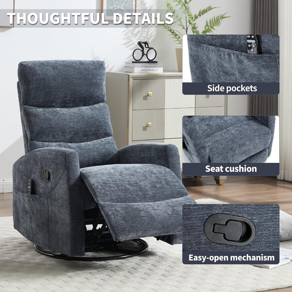 Manual Swivel Rocker Recliner Chair for Adults, Overstuffed Reclining Glider Chair for Nursing with Vibration Massage & Heat, Living Room Rocking Recliner 3-Stage backrest, Chenille Fabric Blue